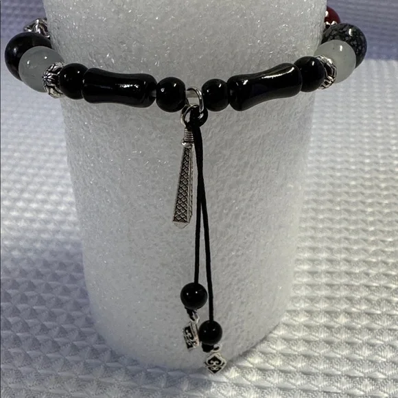 BOHO Bracelet Asian Coin Glass Bead Silver Detail Chain Stretch 6”- 6.5” New - Picture 8 of 16
